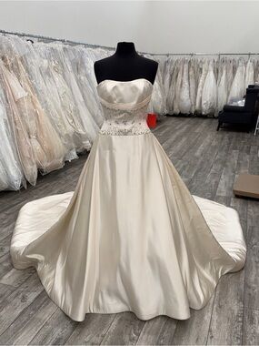 Mon Cheri Strapless Satin Ball Gown in Ivory Champagne